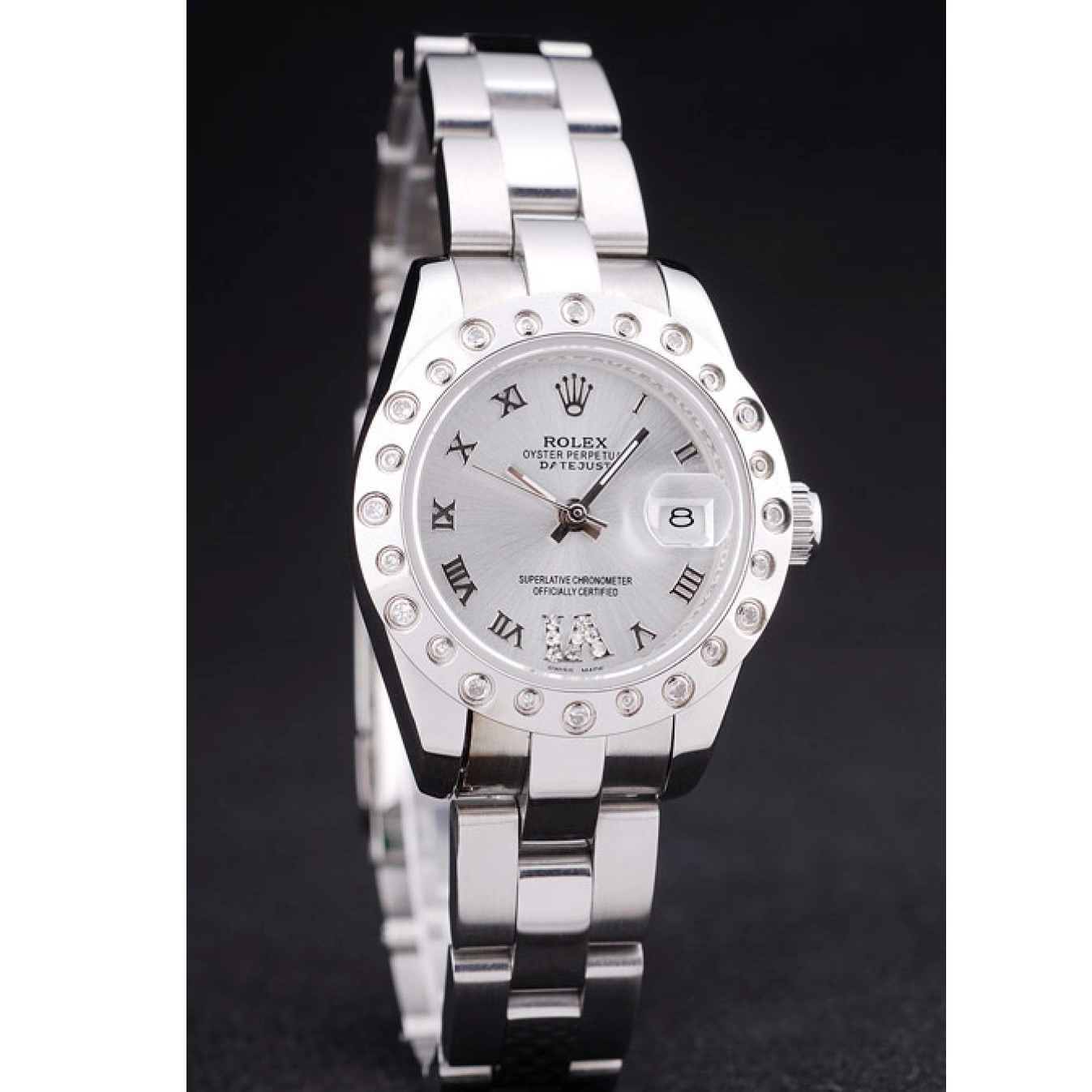 Aaa replica Polished Dial Bezel Silver 7474 Diamonds Datejust Silver Rolex 0718